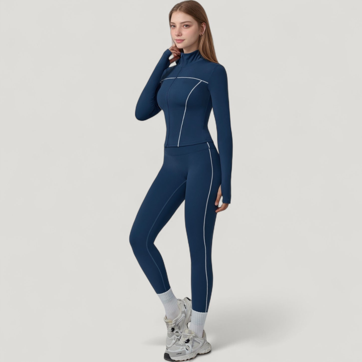 Fitted Zip-Up Activewear Jacket with High Collar Long Sleeves and Contour Seaming