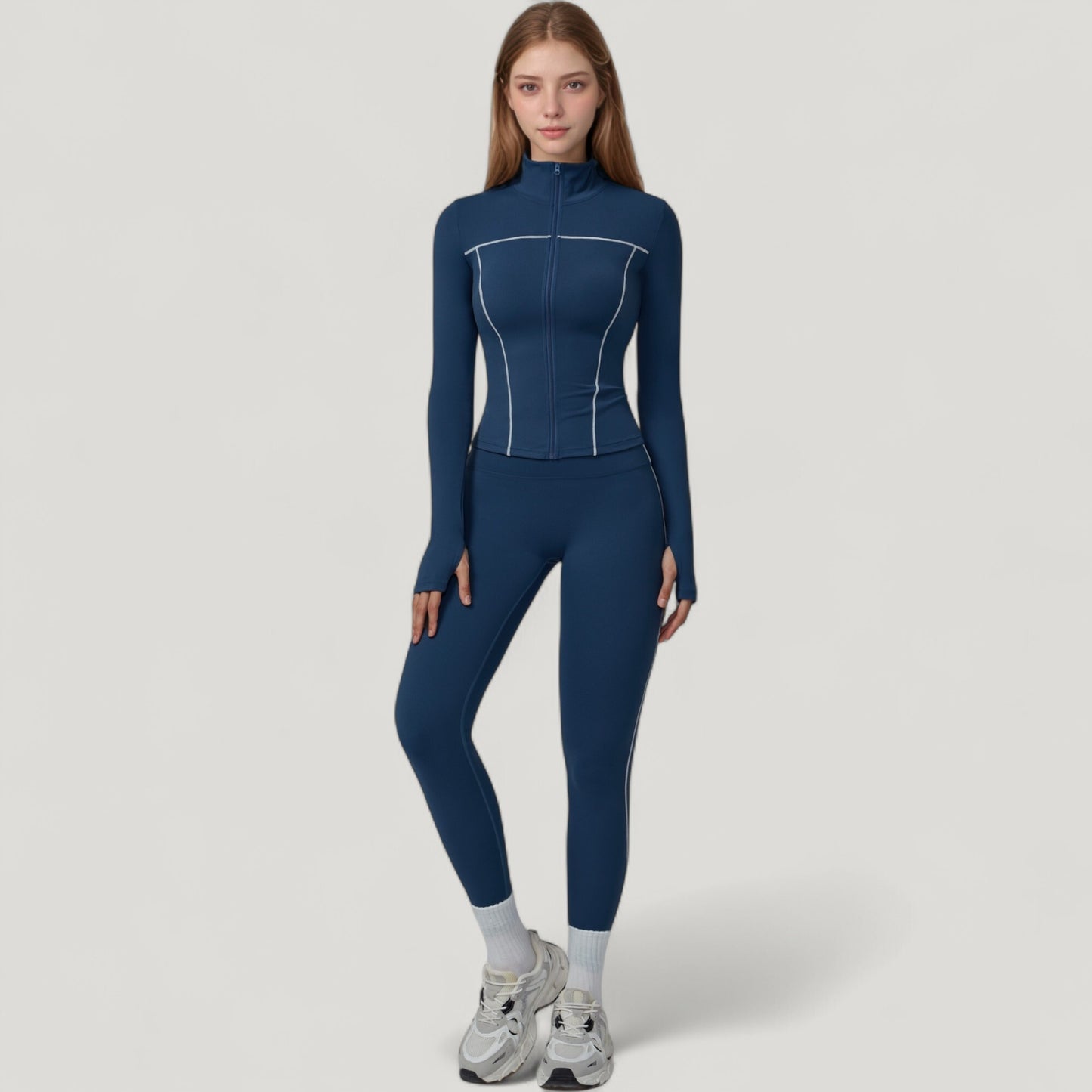 Fitted Zip-Up Activewear Jacket with High Collar Long Sleeves and Contour Seaming