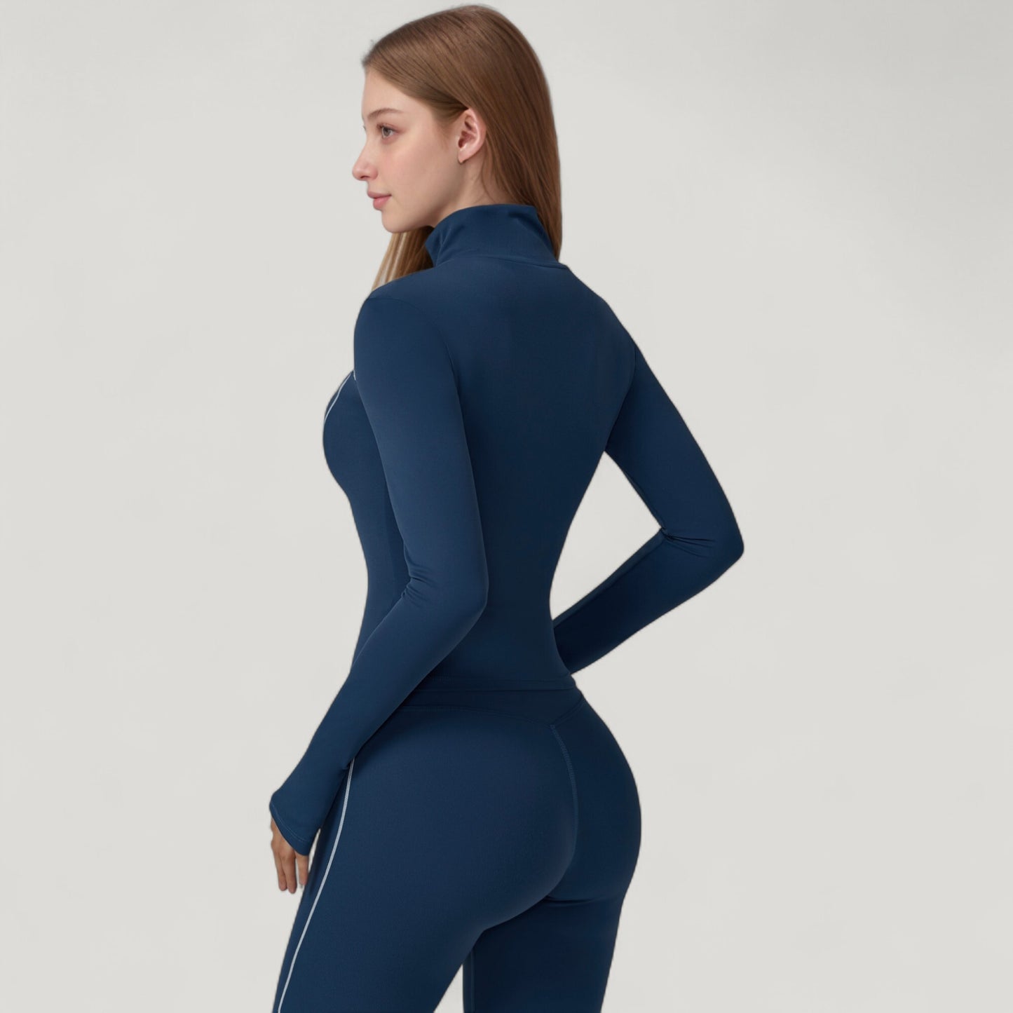 Fitted Zip-Up Activewear Jacket with High Collar Long Sleeves and Contour Seaming