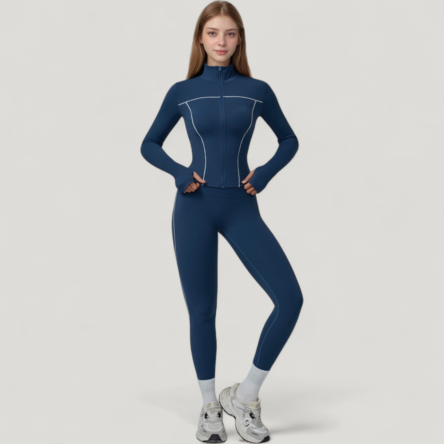 Fitted Zip-Up Activewear Jacket with High Collar Long Sleeves and Contour Seaming