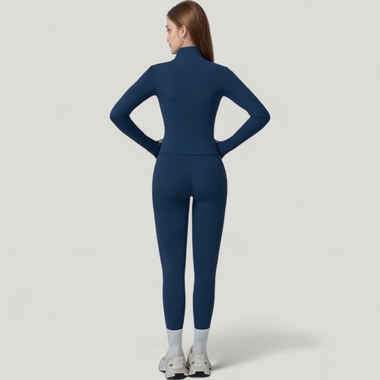 Fitted Zip-Up Activewear Jacket with High Collar Long Sleeves and Contour Seaming