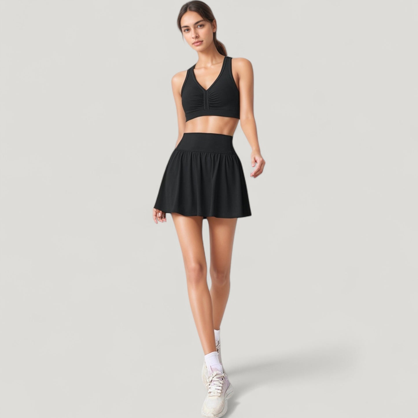 High Waist Flared Activewear Skirt with Wide Waistband and Flowing Hem