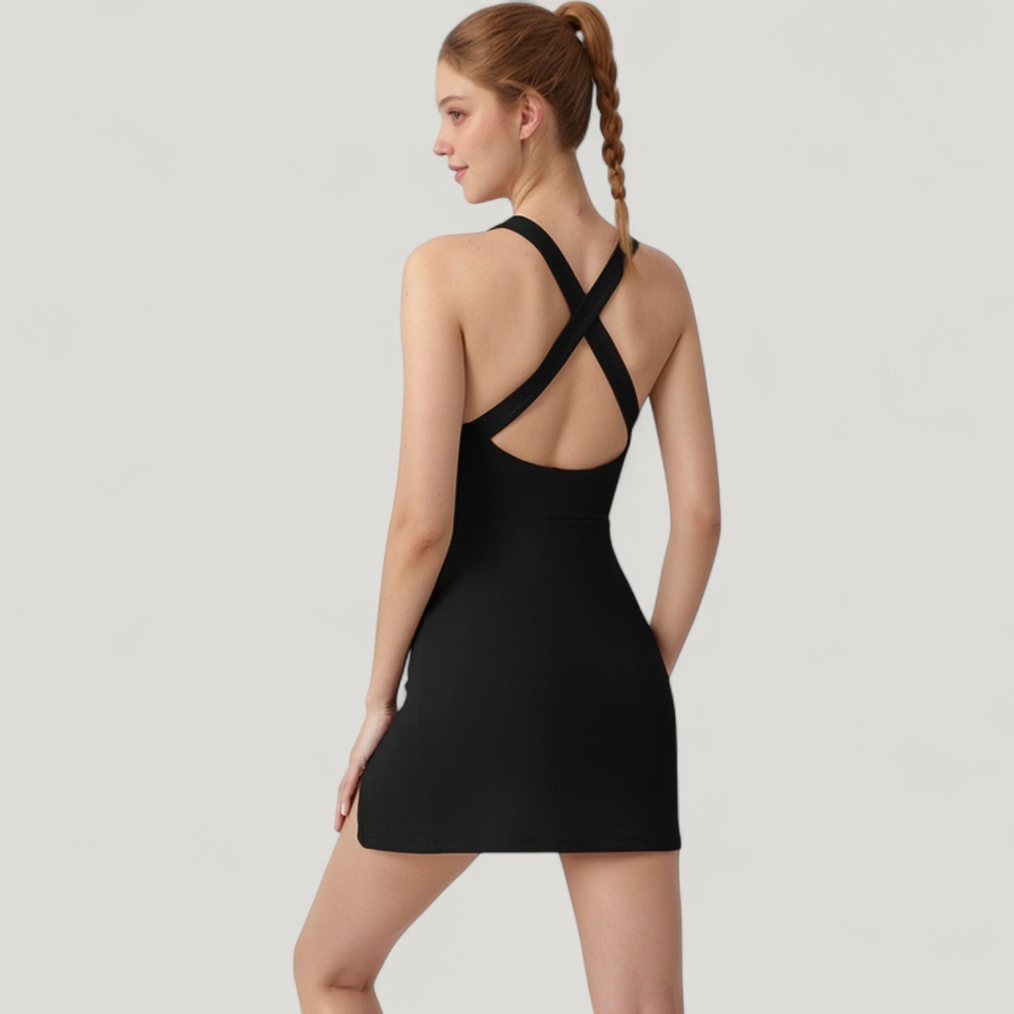 Sleeveless Activewear Dress with High Neckline and Cross Back Straps