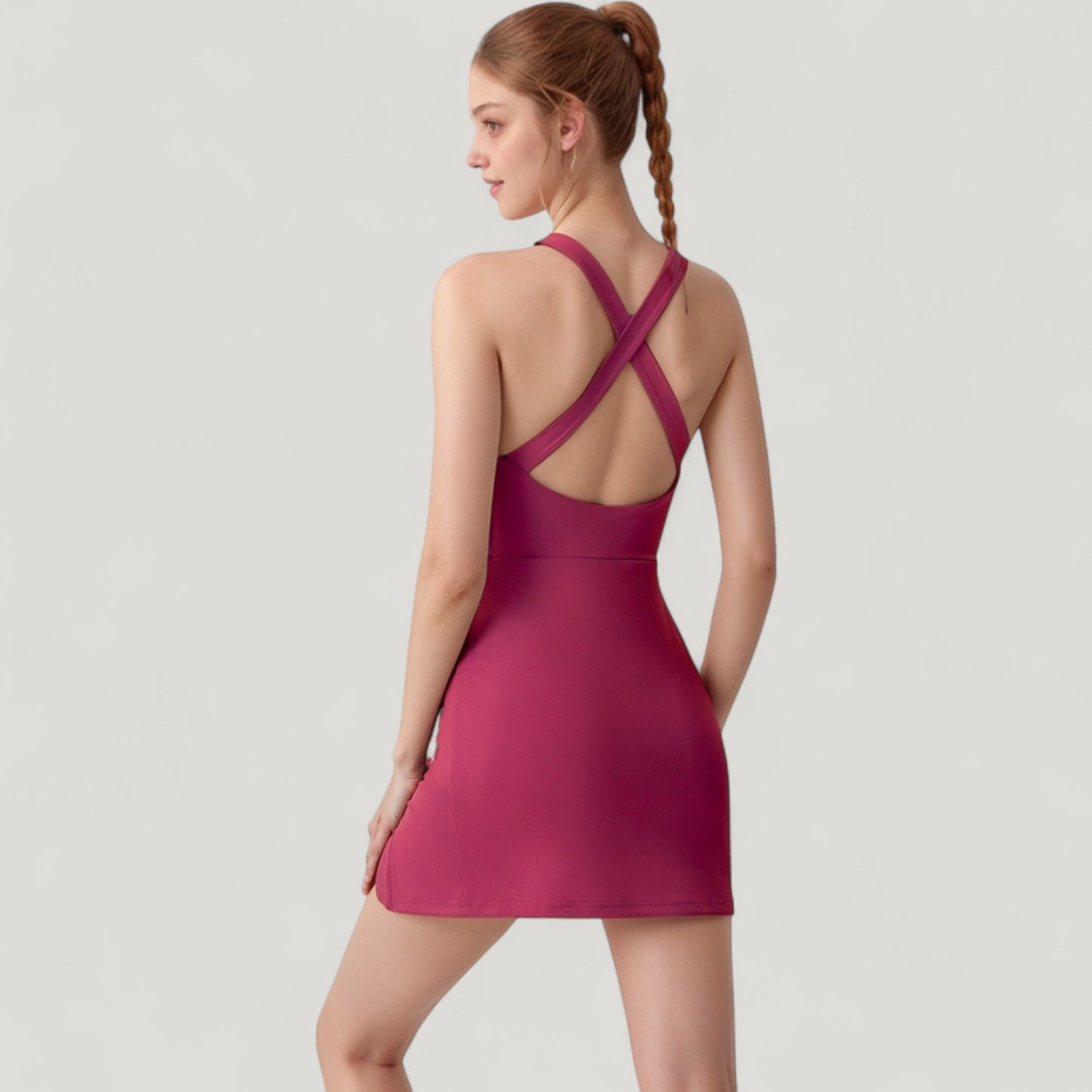 Sleeveless Activewear Dress with High Neckline and Cross Back Straps