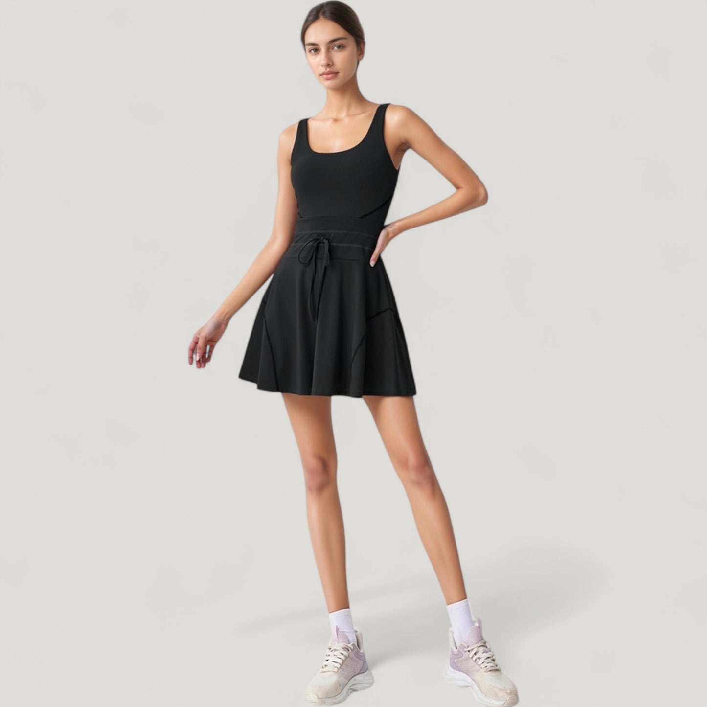 Sleeveless Tennis Dress with Scoop Neckline and Waist Tie Detail