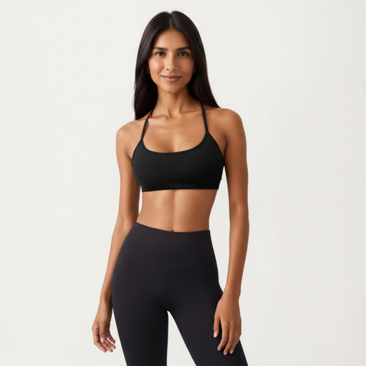 Strappy Back Sports Bra with Scoop Neckline and Stretch Knit Fabric