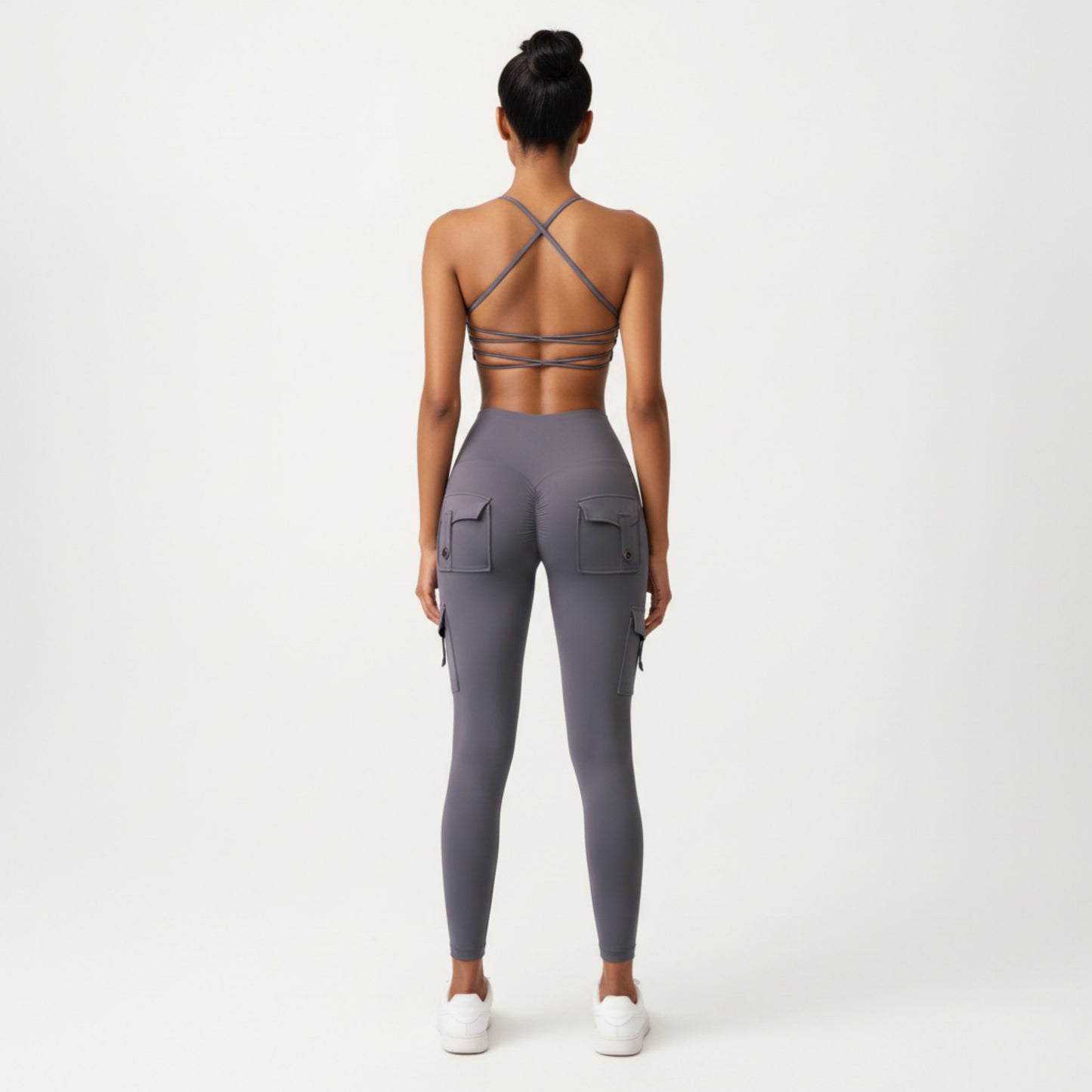 Strappy Back Sports Bra with Scoop Neckline and Stretch Knit Fabric