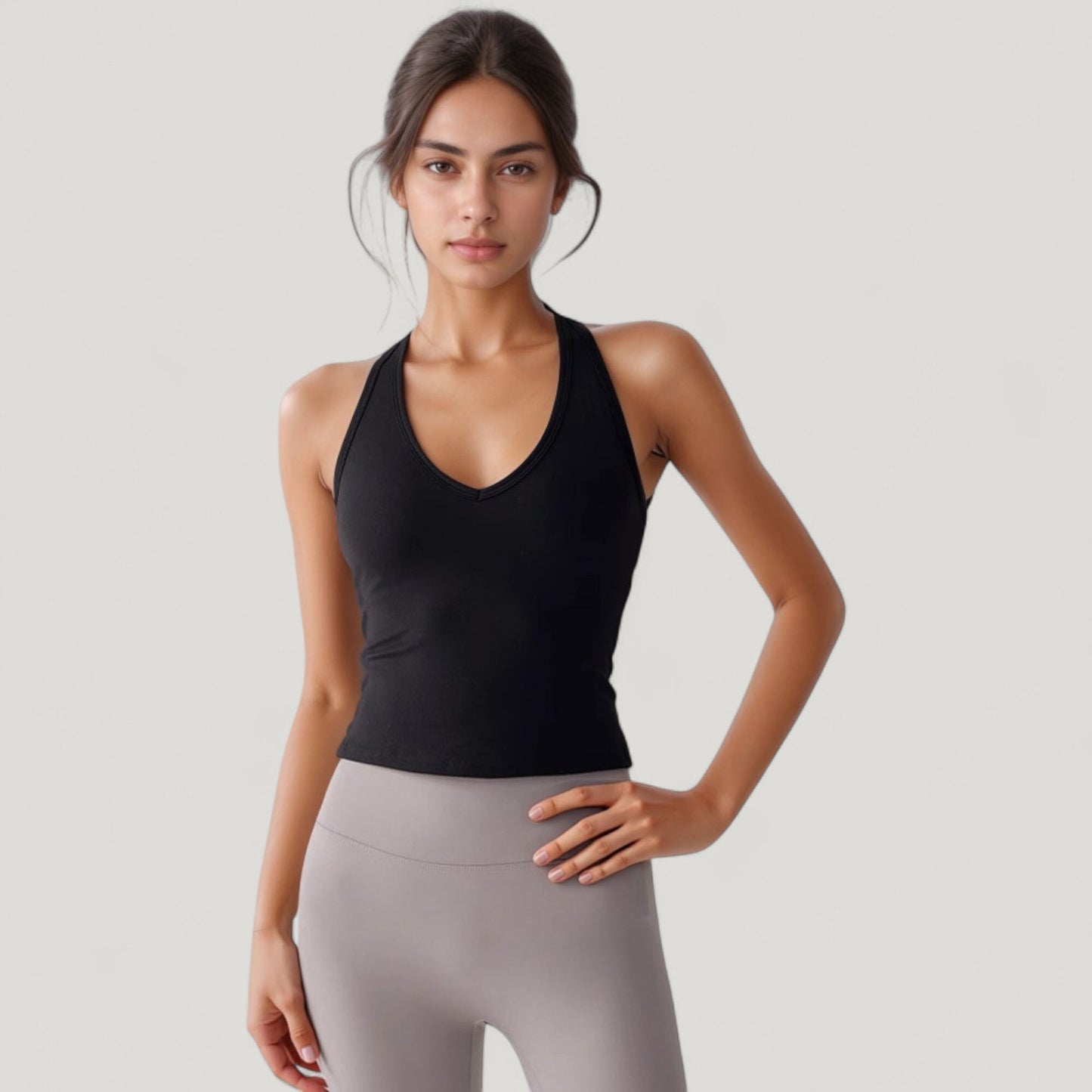 V-Neck Cropped Activewear Tank with T-Strap Back and Stretch Fabric