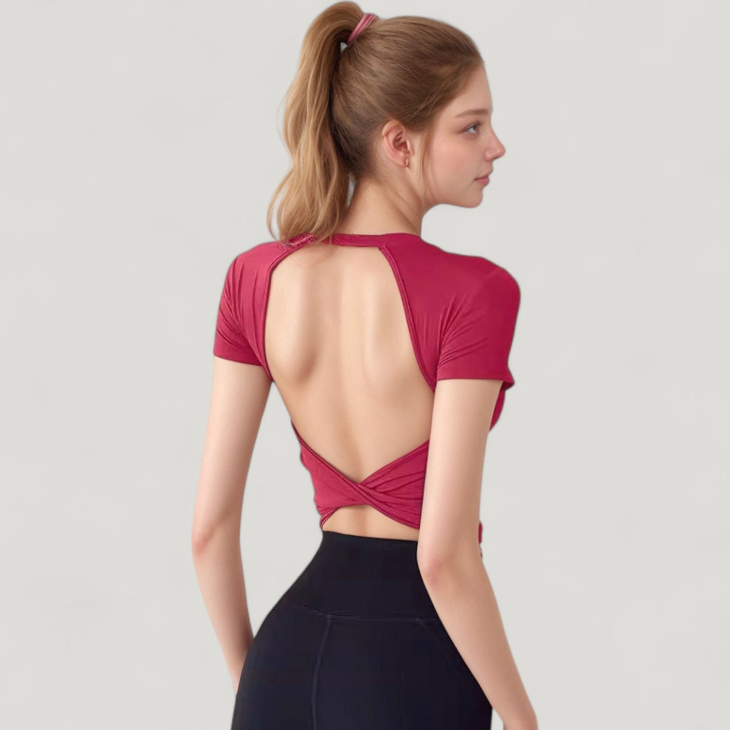 Short Sleeve Open Back Crop Top with Twist Detail and Fitted Silhouette