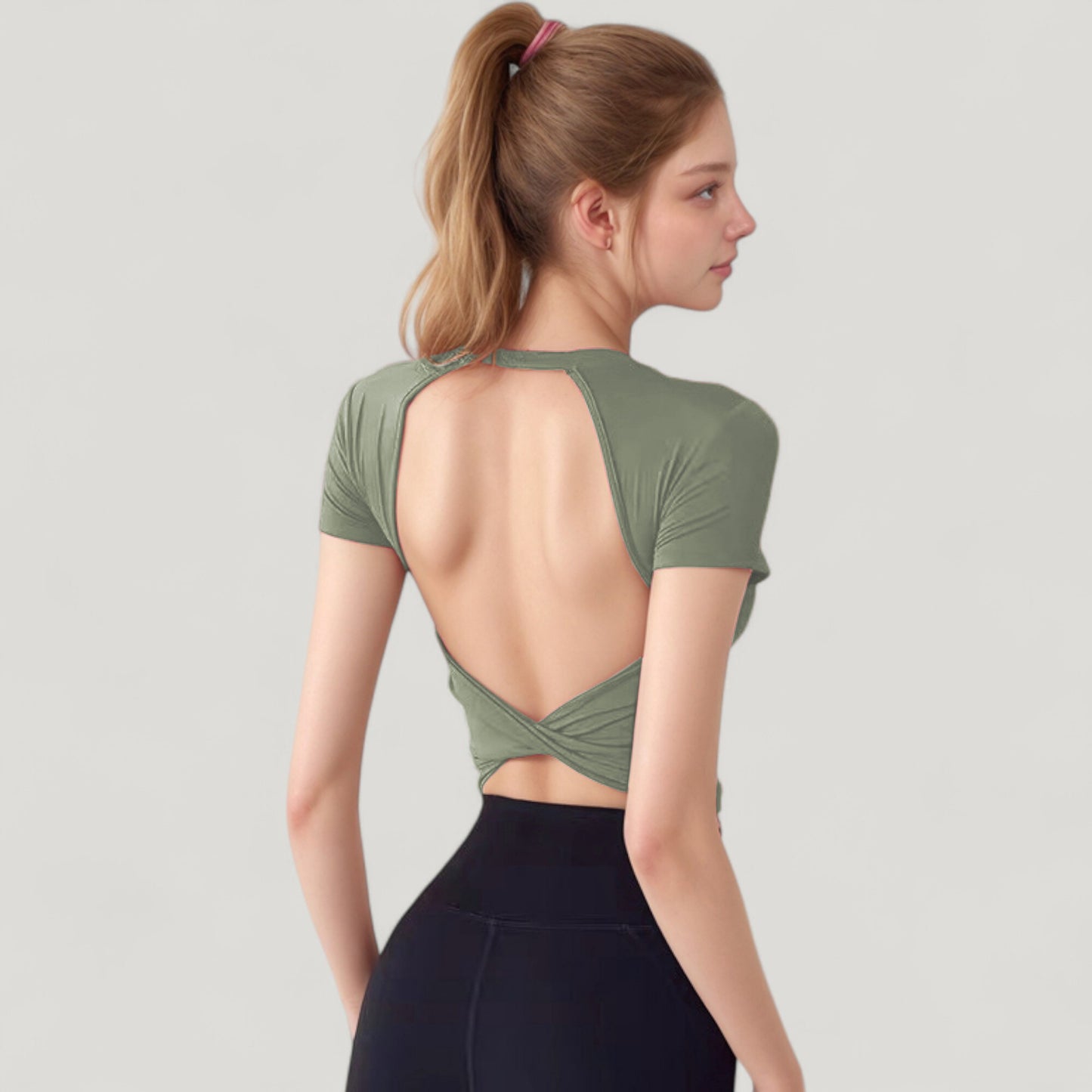 Short Sleeve Open Back Crop Top with Twist Detail and Fitted Silhouette