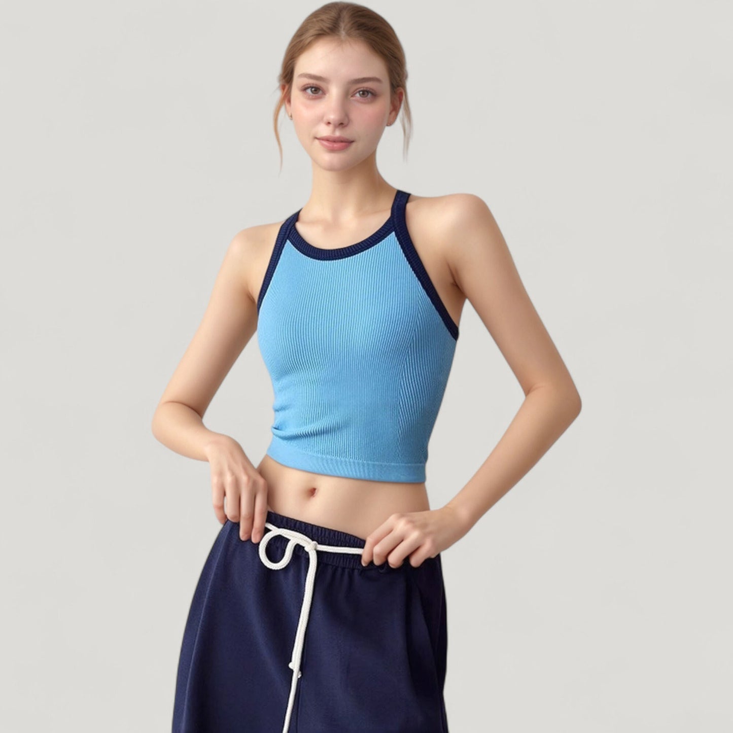 Ribbed Racerback Cropped Tank Top with Contrast Trim and Fitted Stretch Fabric