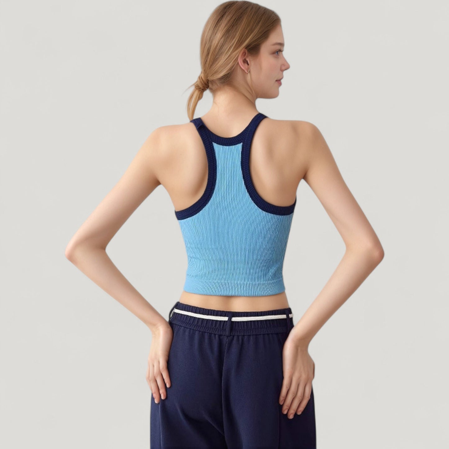Ribbed Racerback Cropped Tank Top with Contrast Trim and Fitted Stretch Fabric