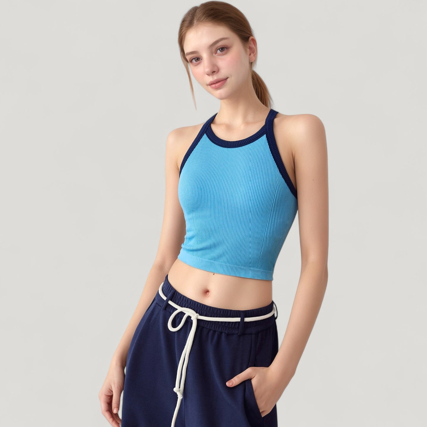 Ribbed Racerback Cropped Tank Top with Contrast Trim and Fitted Stretch Fabric