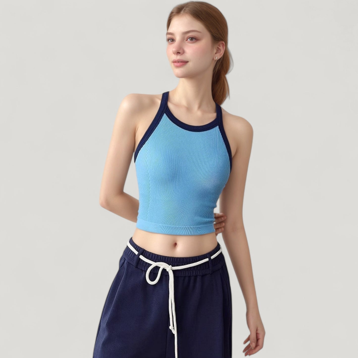 Ribbed Racerback Cropped Tank Top with Contrast Trim and Fitted Stretch Fabric
