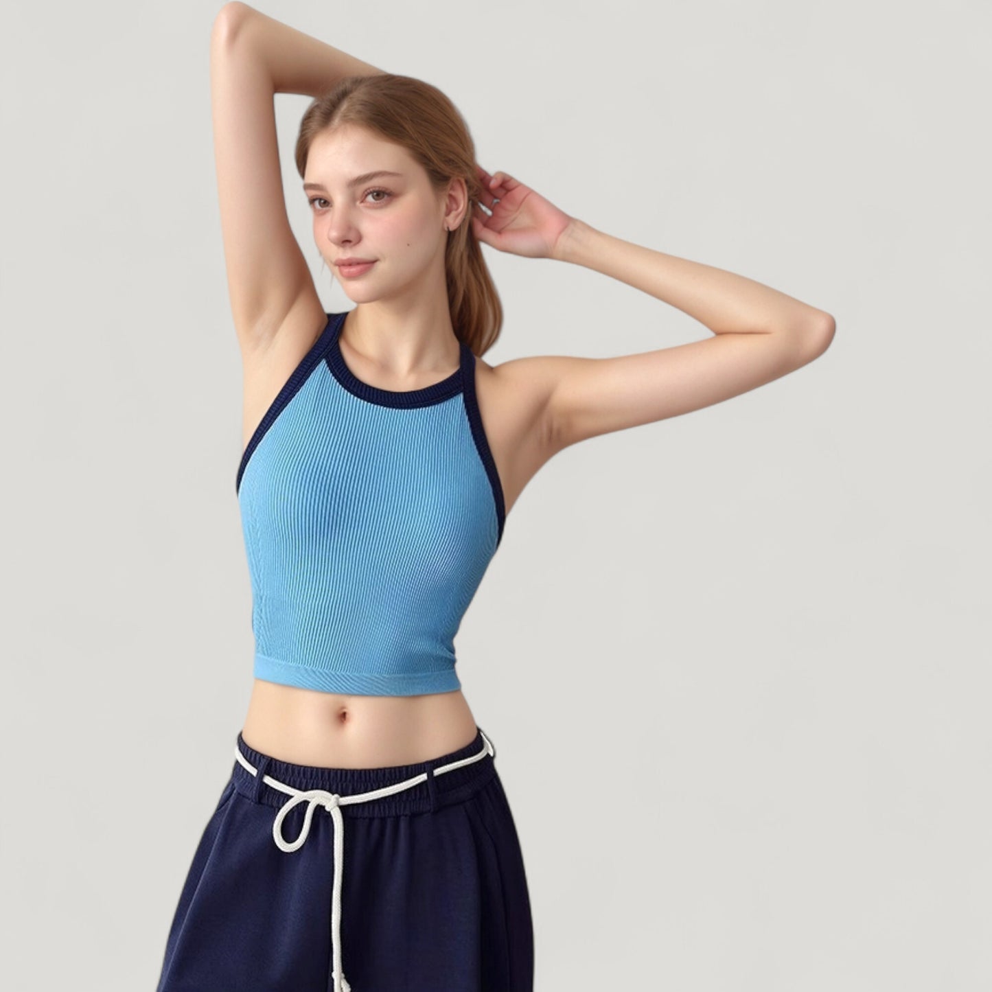 Ribbed Racerback Cropped Tank Top with Contrast Trim and Fitted Stretch Fabric