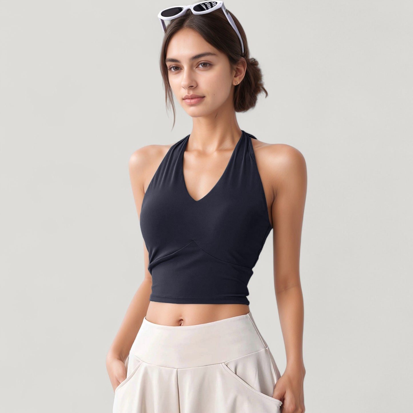 Halter Neck Fitted Crop Top with Soft Stretch Fabric and Contoured Waist