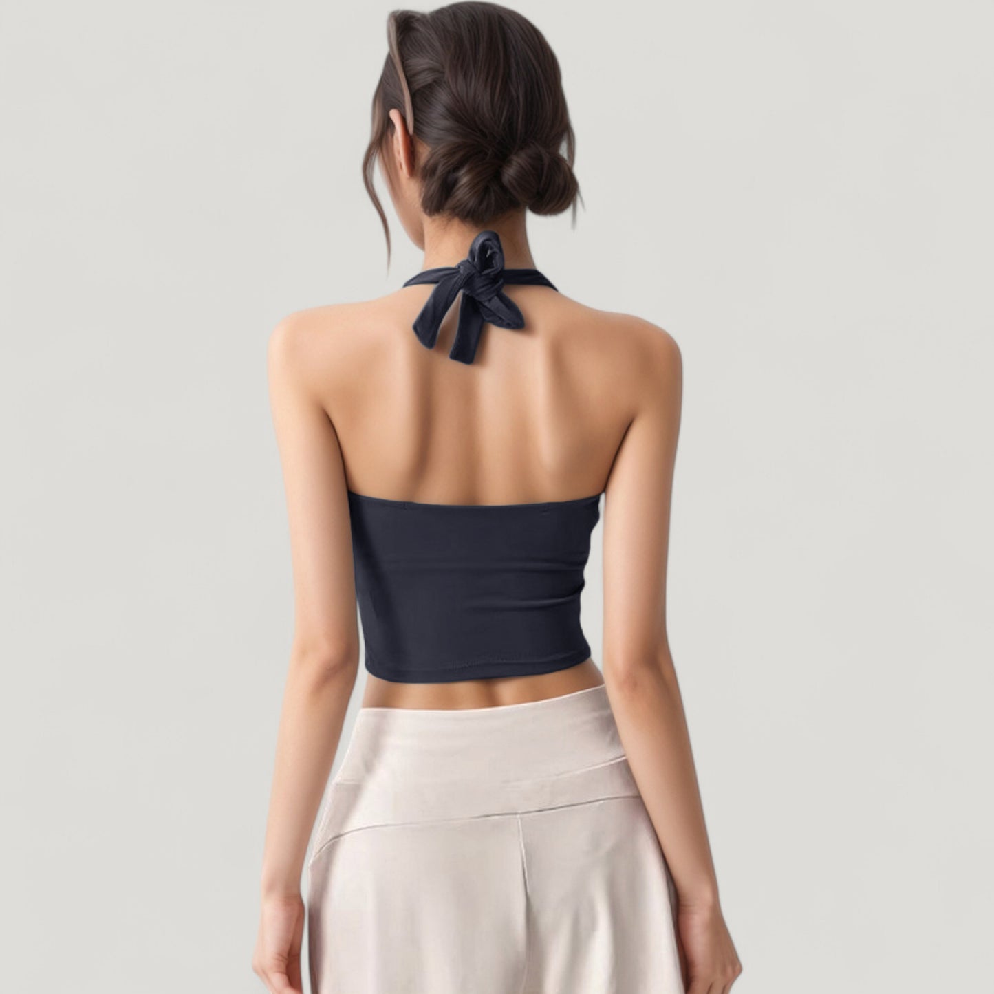 Halter Neck Fitted Crop Top with Soft Stretch Fabric and Contoured Waist
