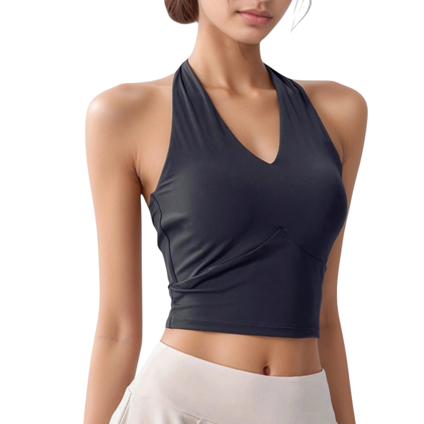 Halter Neck Fitted Crop Top with Soft Stretch Fabric and Contoured Waist