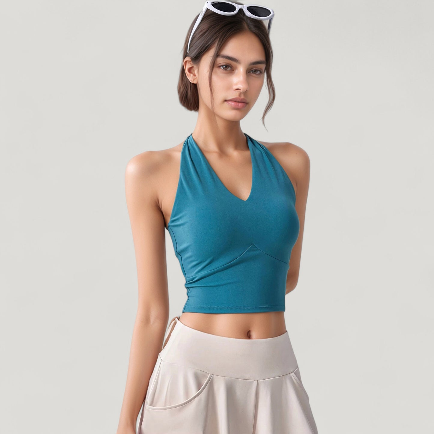 Halter Neck Fitted Crop Top with Soft Stretch Fabric and Contoured Waist