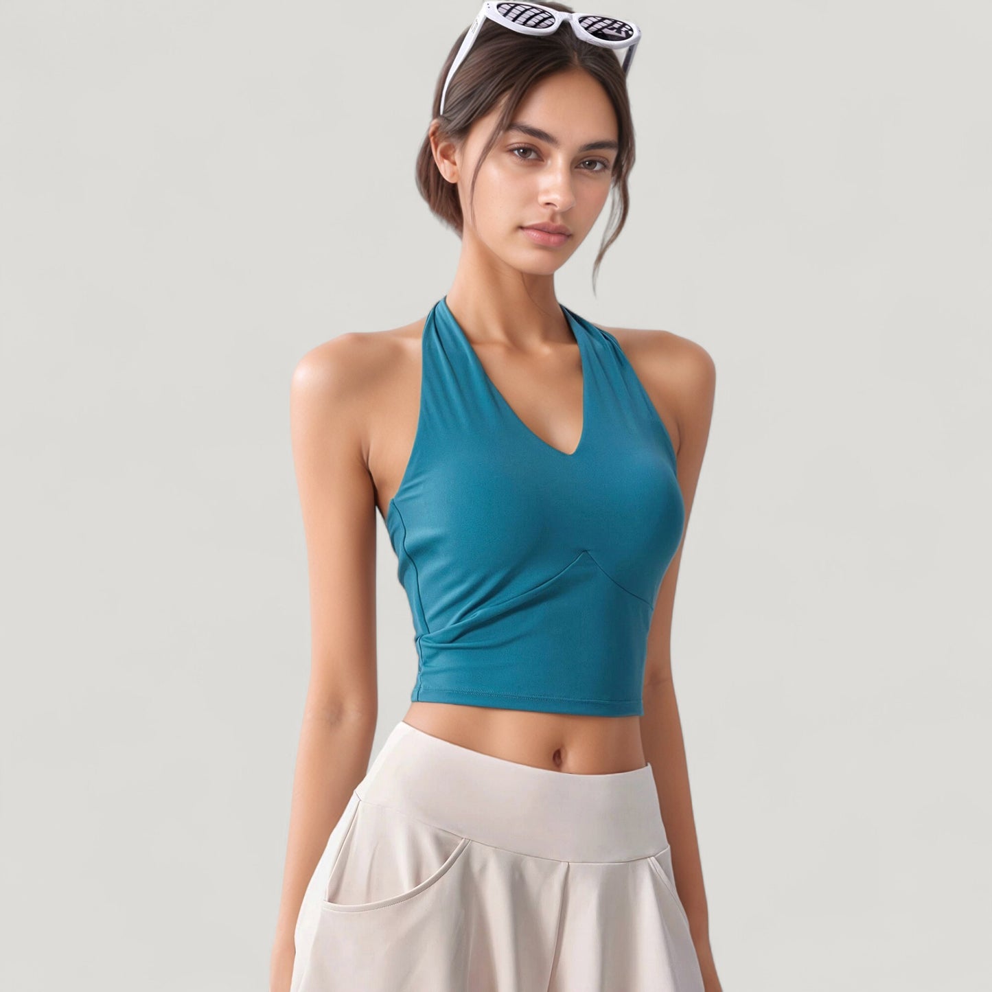 Halter Neck Fitted Crop Top with Soft Stretch Fabric and Contoured Waist
