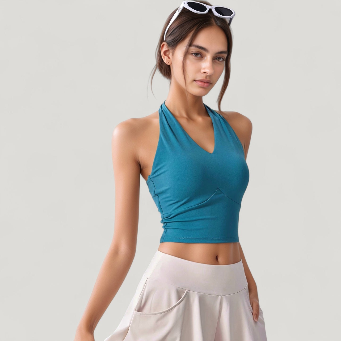 Halter Neck Fitted Crop Top with Soft Stretch Fabric and Contoured Waist