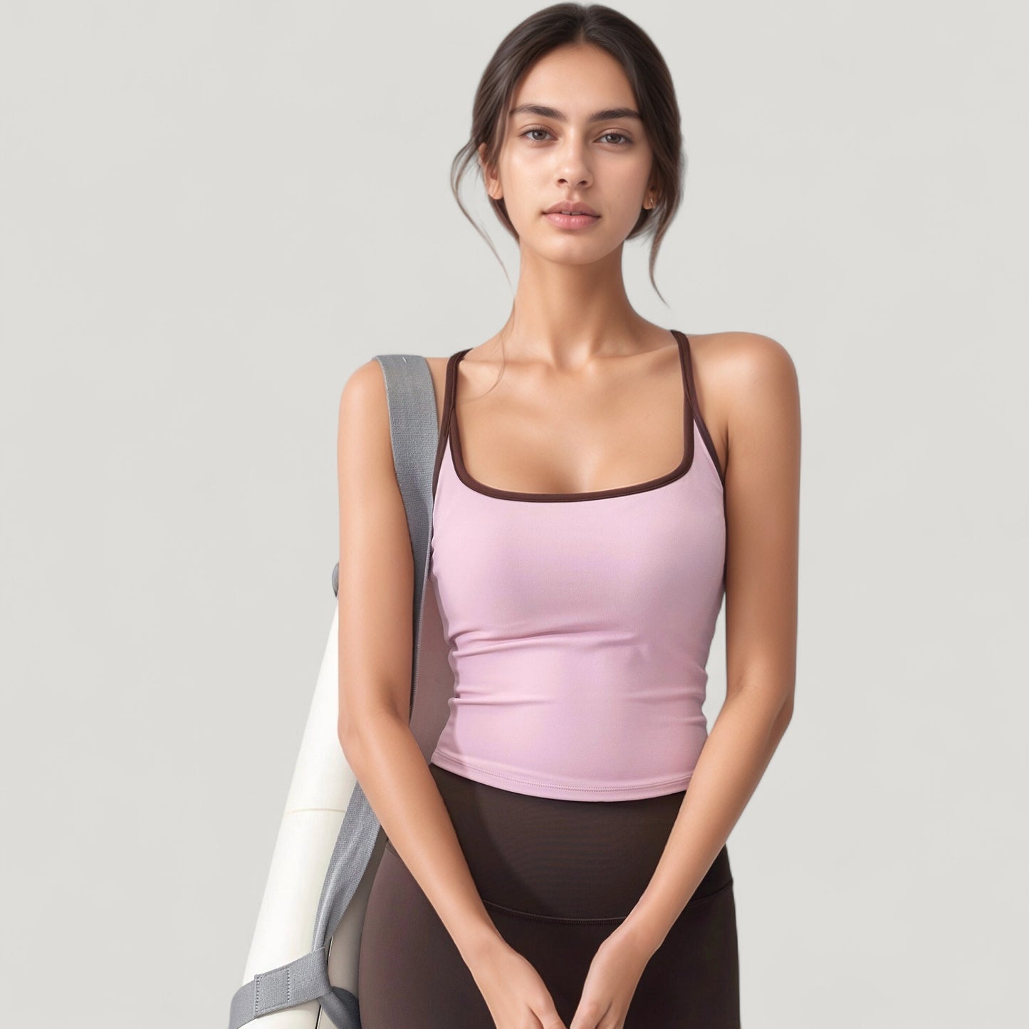Square Neck Fitted Crop Tank Top with Contrast Trim and Soft Stretch Fabric