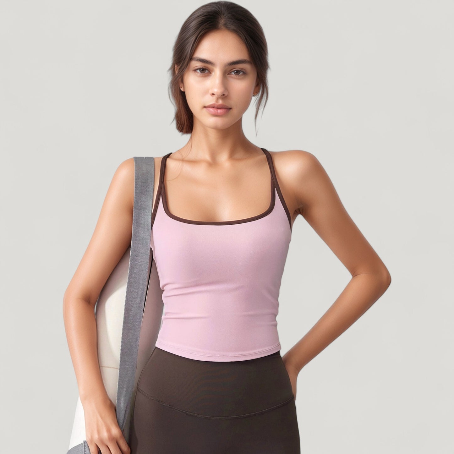 Square Neck Fitted Crop Tank Top with Contrast Trim and Soft Stretch Fabric
