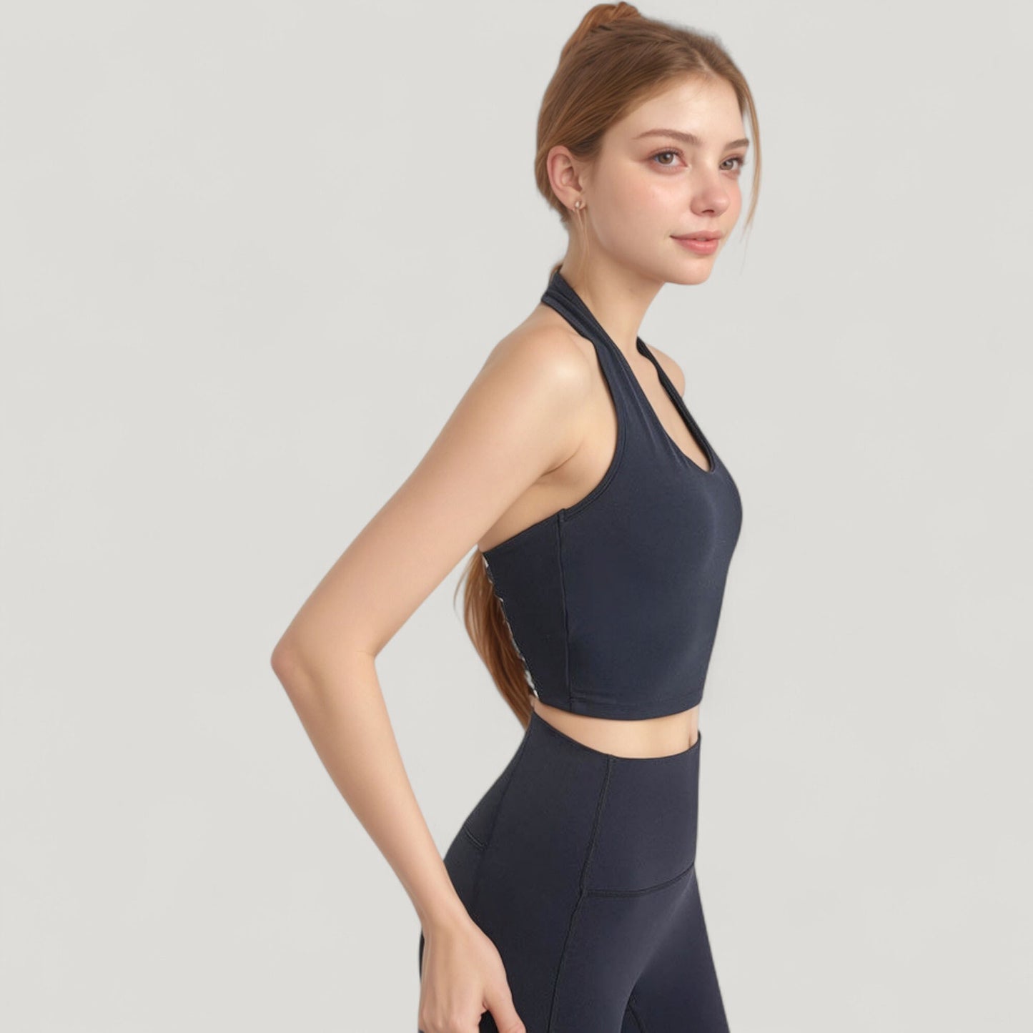 Halter Neck Athletic Crop Top with Cross Back Detail and Stretch Fabric
