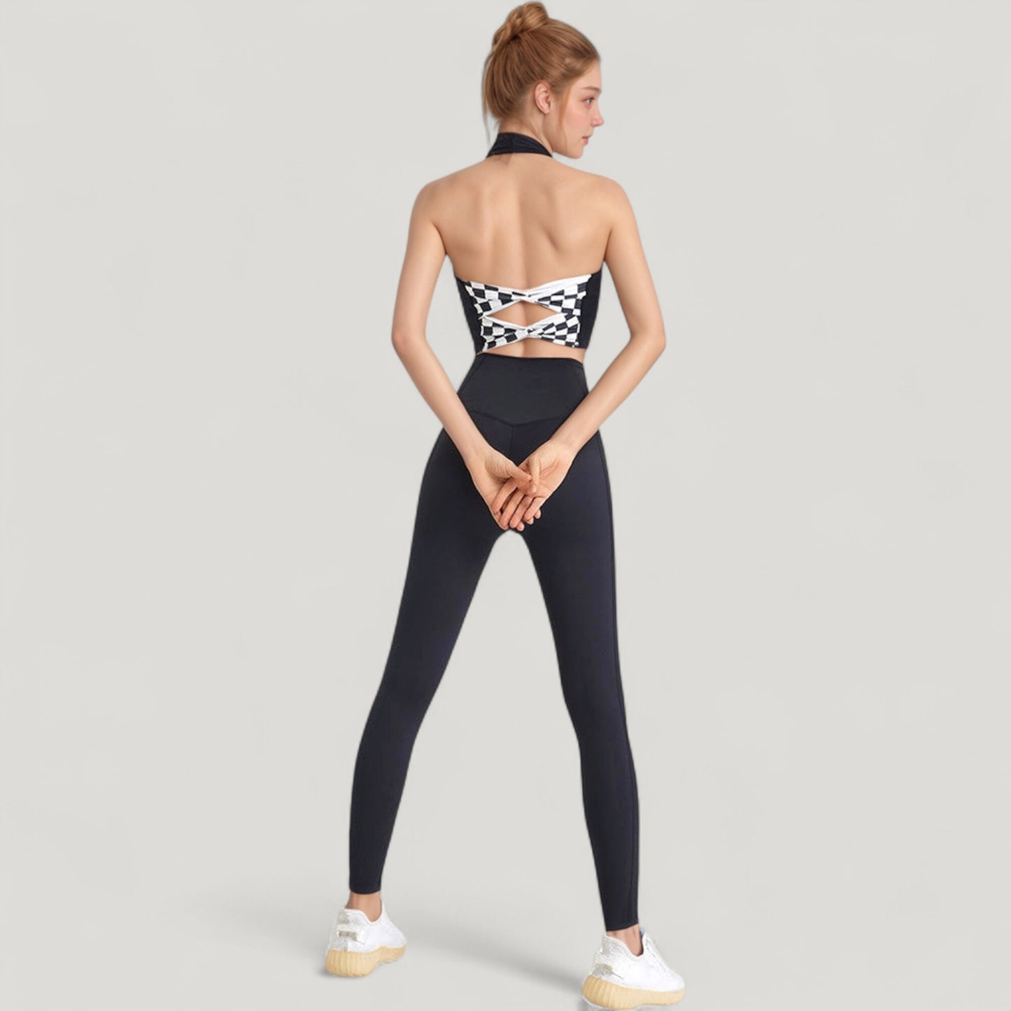 Halter Neck Athletic Crop Top with Cross Back Detail and Stretch Fabric