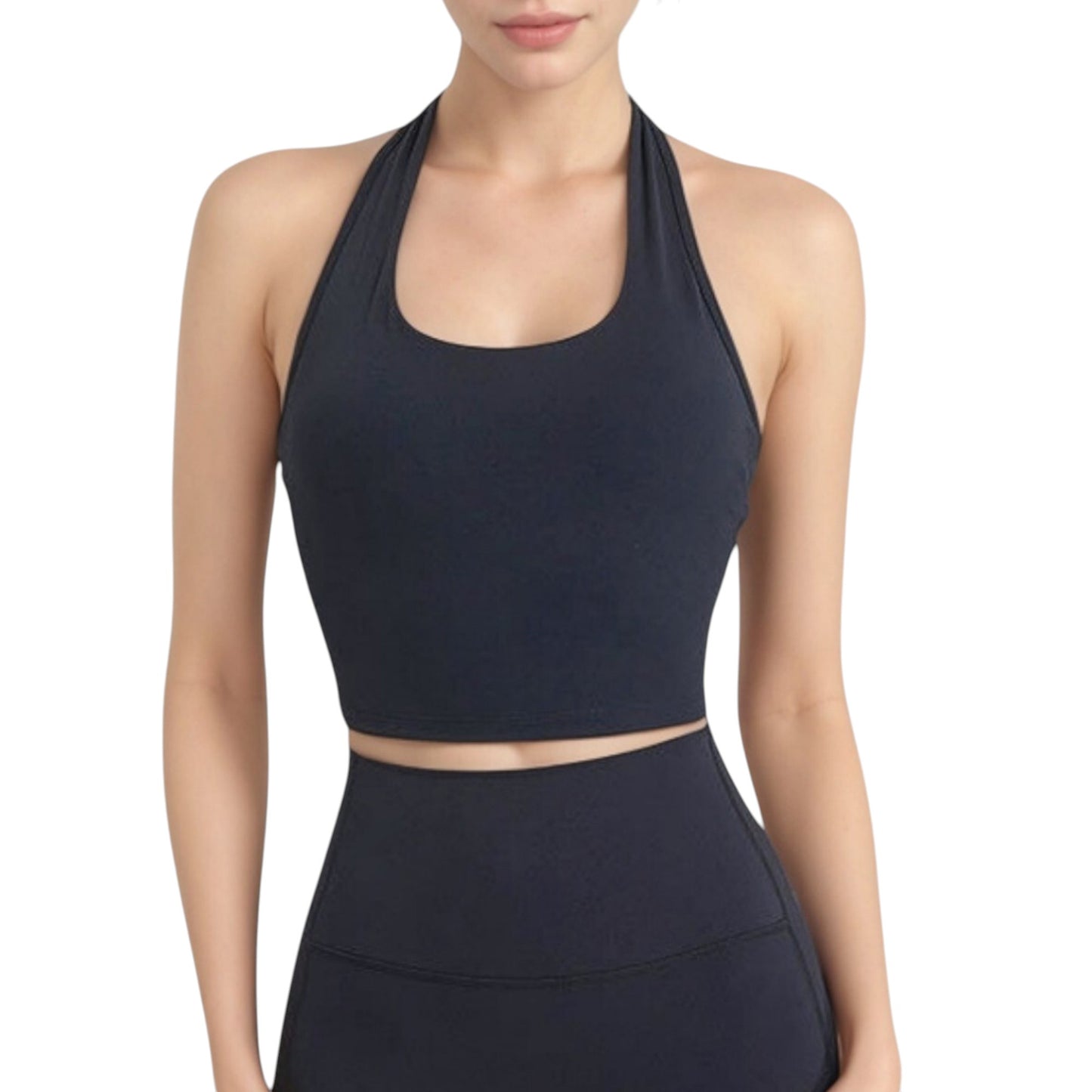 Halter Neck Athletic Crop Top with Cross Back Detail and Stretch Fabric