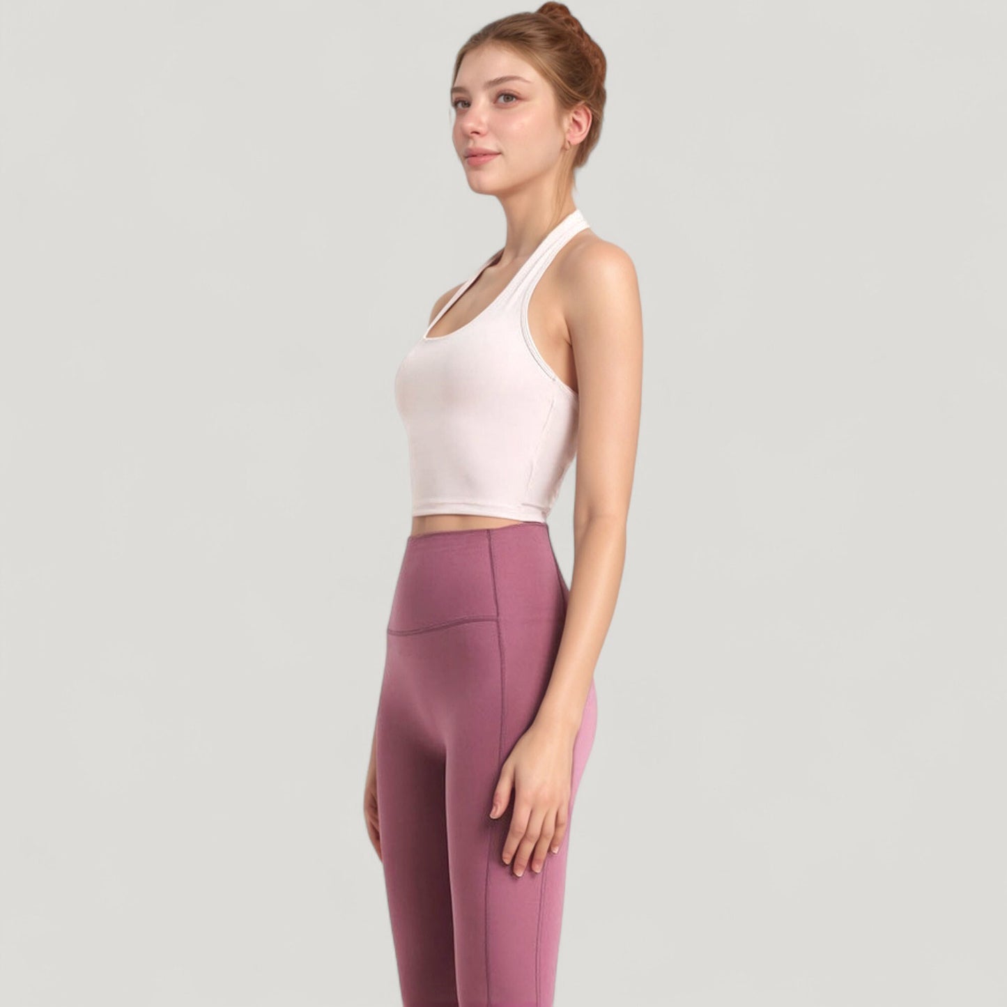 Halter Neck Athletic Crop Top with Cross Back Detail and Stretch Fabric