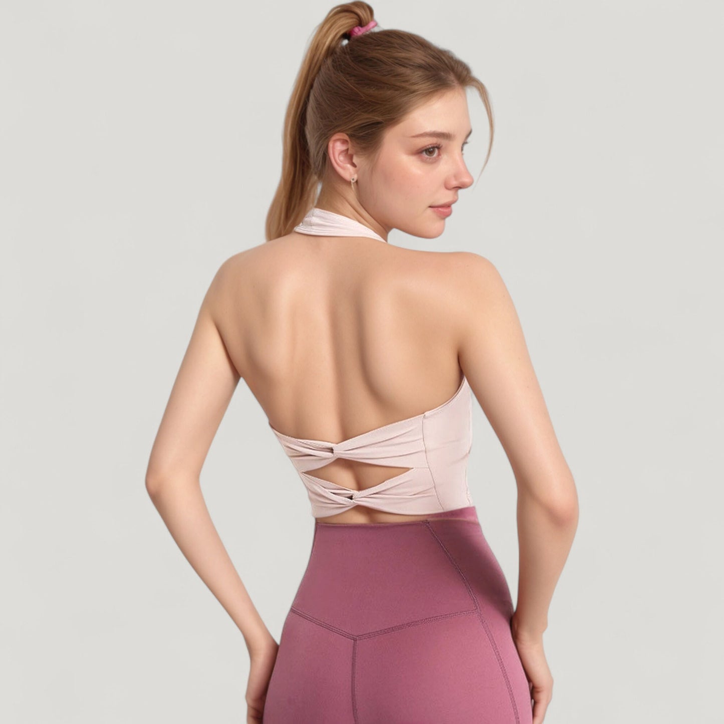 Halter Neck Athletic Crop Top with Cross Back Detail and Stretch Fabric