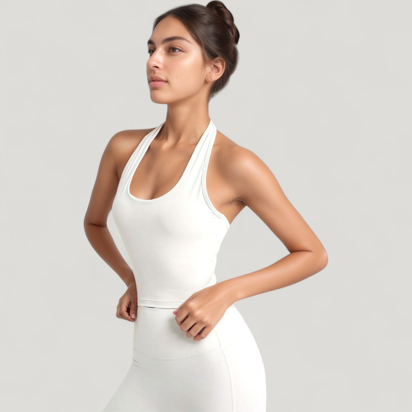Halter Neck Athletic Crop Top with Cross Back Detail and Stretch Fabric