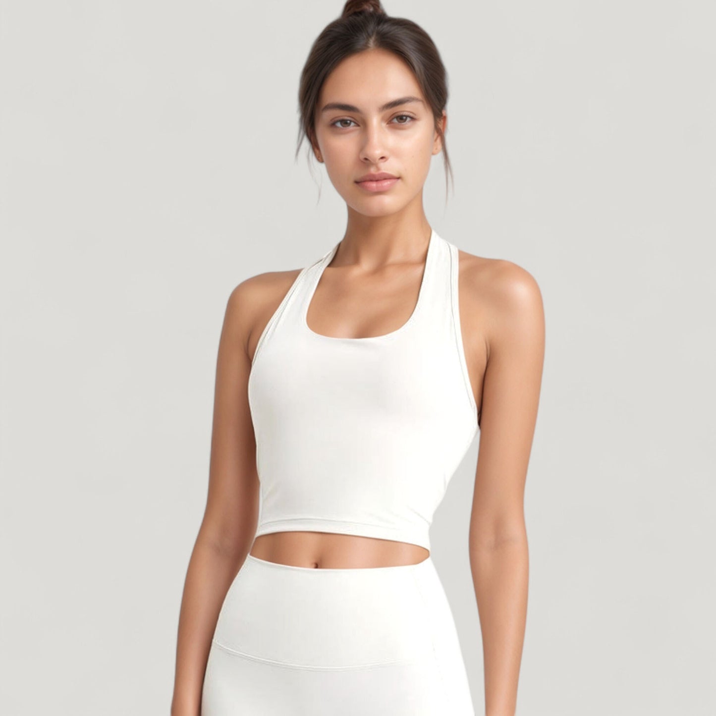 Halter Neck Athletic Crop Top with Cross Back Detail and Stretch Fabric