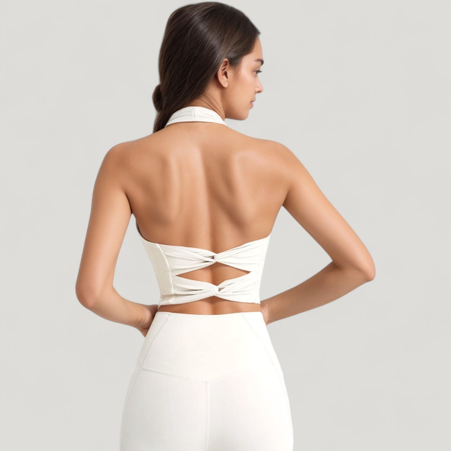 Halter Neck Athletic Crop Top with Cross Back Detail and Stretch Fabric