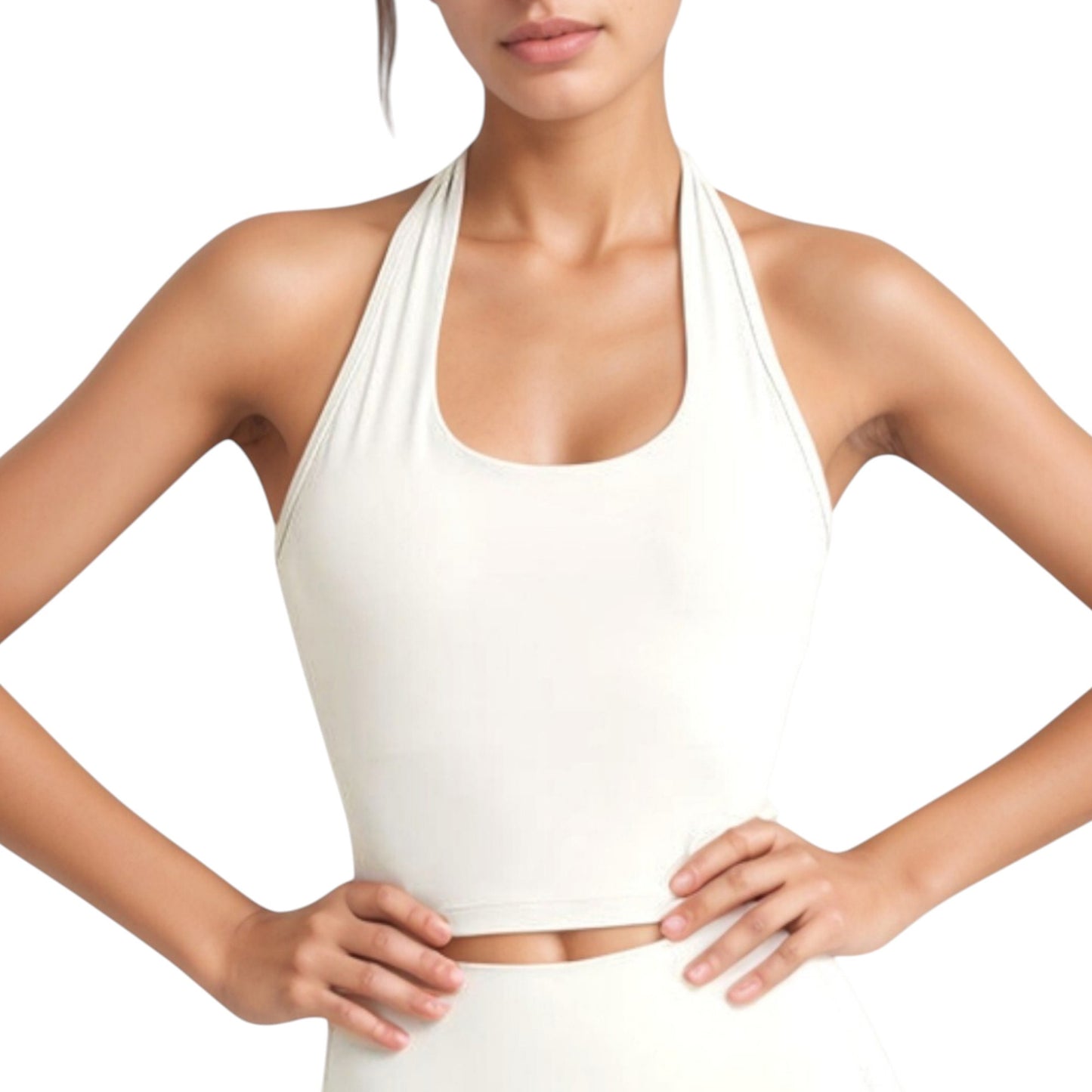 Halter Neck Athletic Crop Top with Cross Back Detail and Stretch Fabric