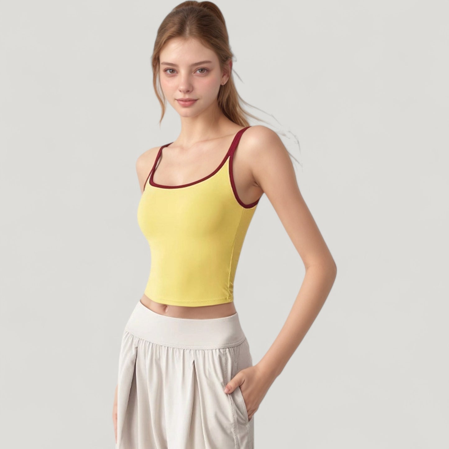 Square Neck Contrast Trim Cropped Active Tank Top