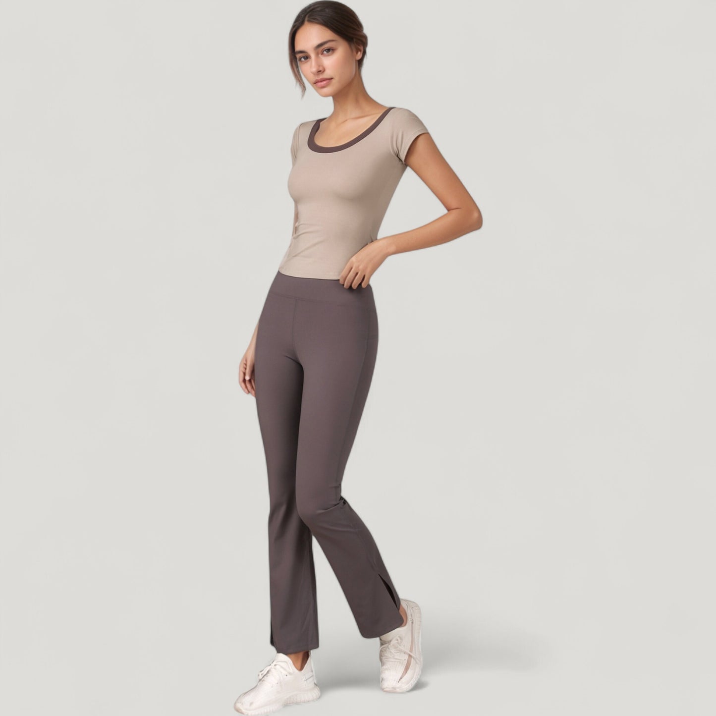 Scoop Neck Contrast Trim Fitted Short Sleeve Active Top