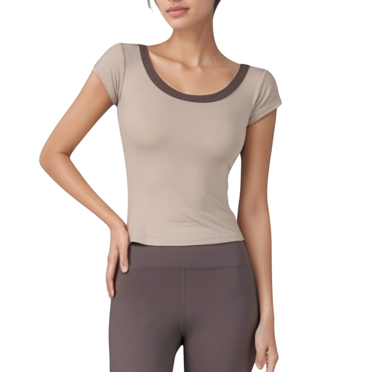 Scoop Neck Contrast Trim Fitted Short Sleeve Active Top