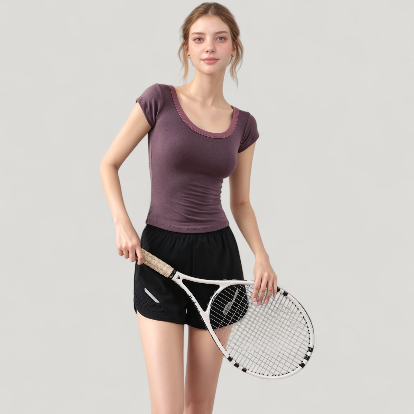 Scoop Neck Contrast Trim Fitted Short Sleeve Active Top