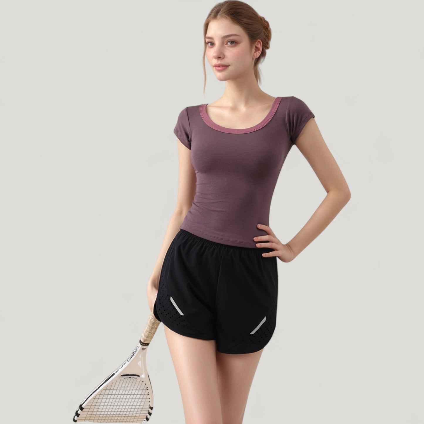 Scoop Neck Contrast Trim Fitted Short Sleeve Active Top