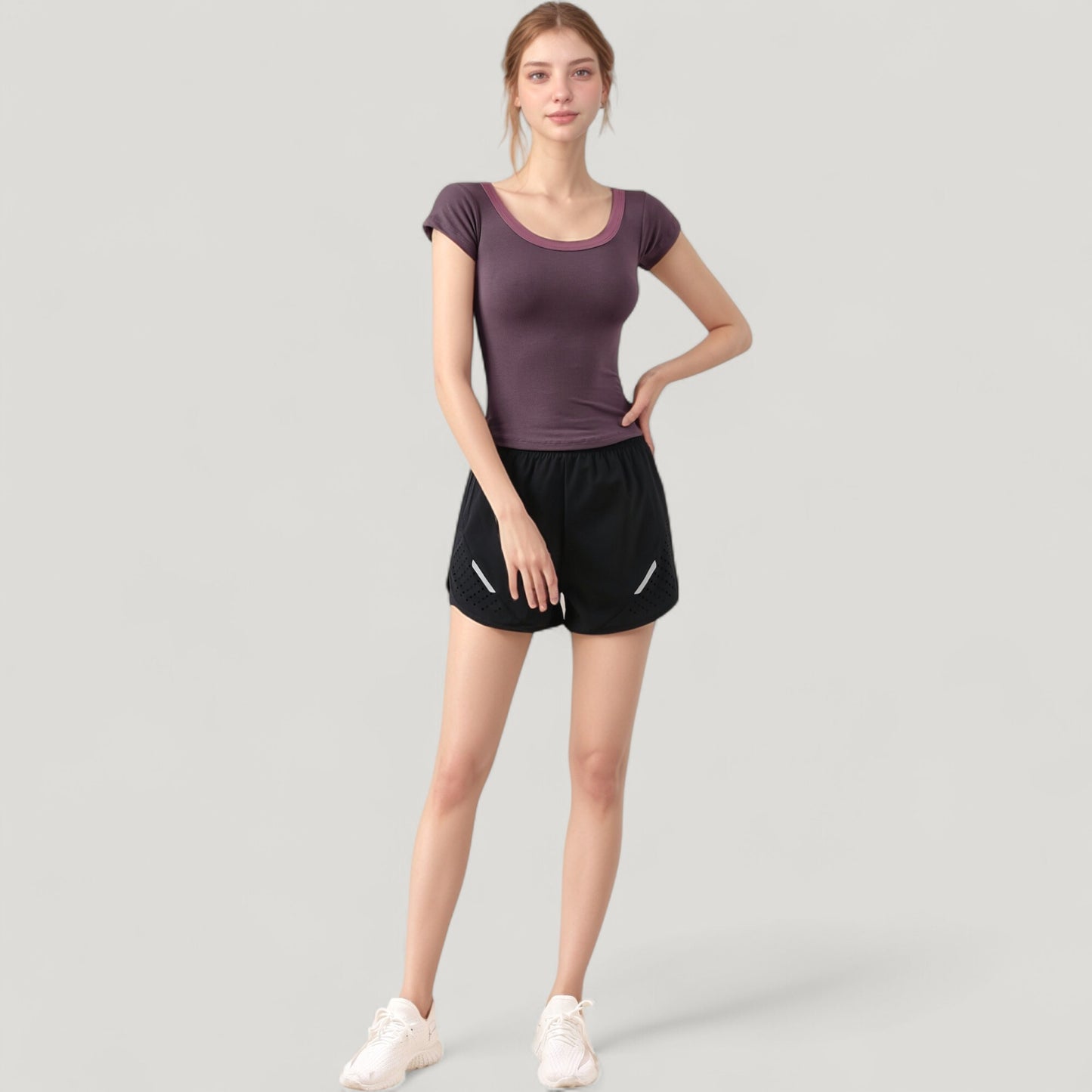 Scoop Neck Contrast Trim Fitted Short Sleeve Active Top