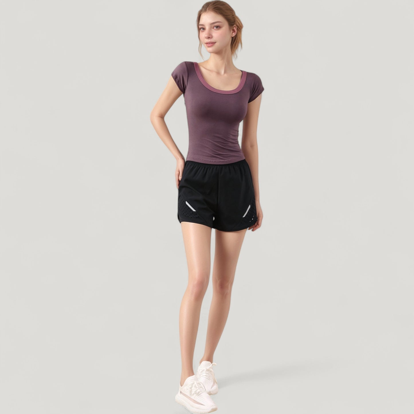 Scoop Neck Contrast Trim Fitted Short Sleeve Active Top