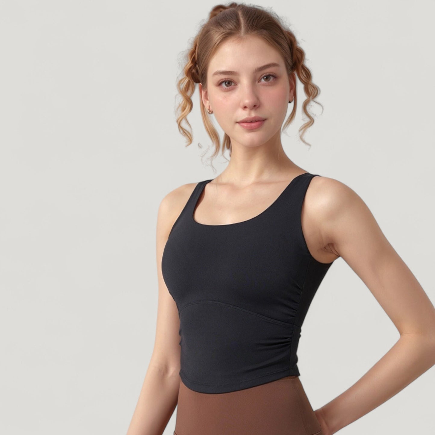 Scoop Neck Cropped Tank Top with Strappy Cutout Back and Ruched Side Detailing