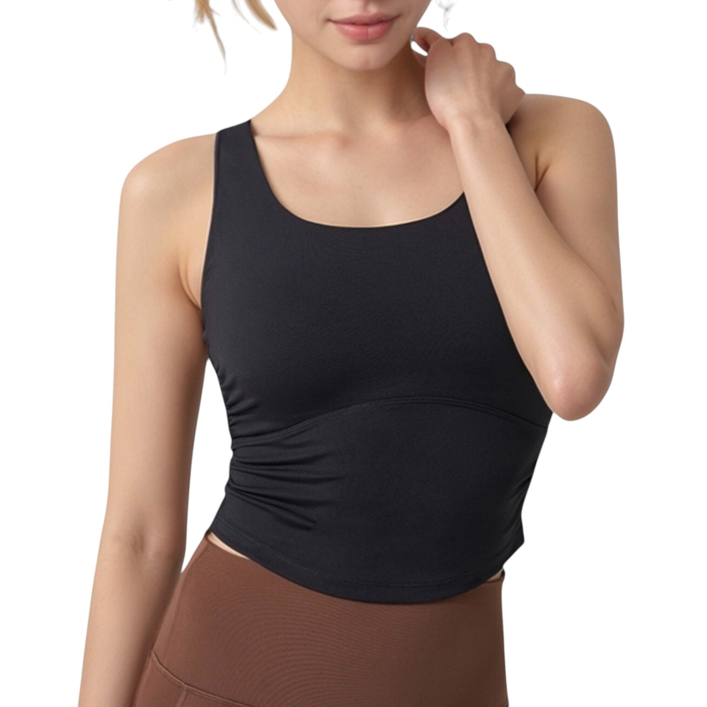 Scoop Neck Cropped Tank Top with Strappy Cutout Back and Ruched Side Detailing