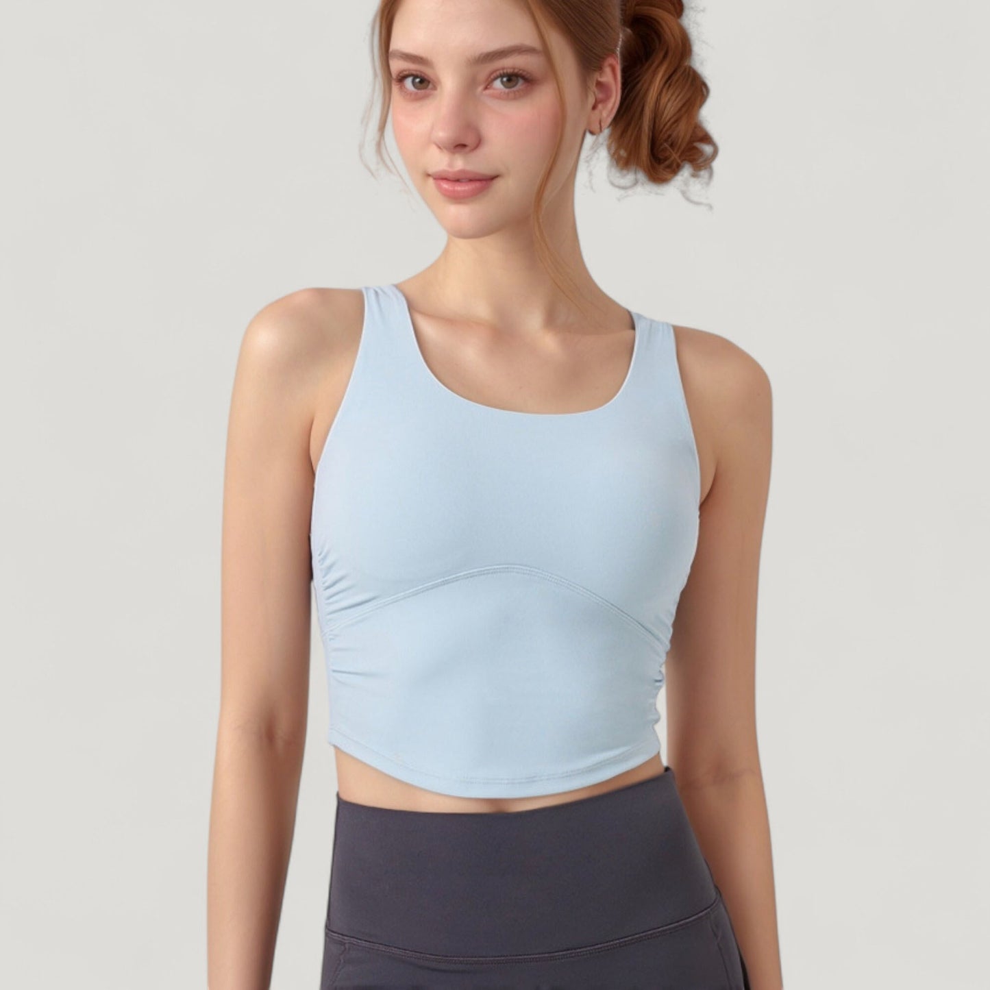 Scoop Neck Cropped Tank Top with Strappy Cutout Back and Ruched Side Detailing