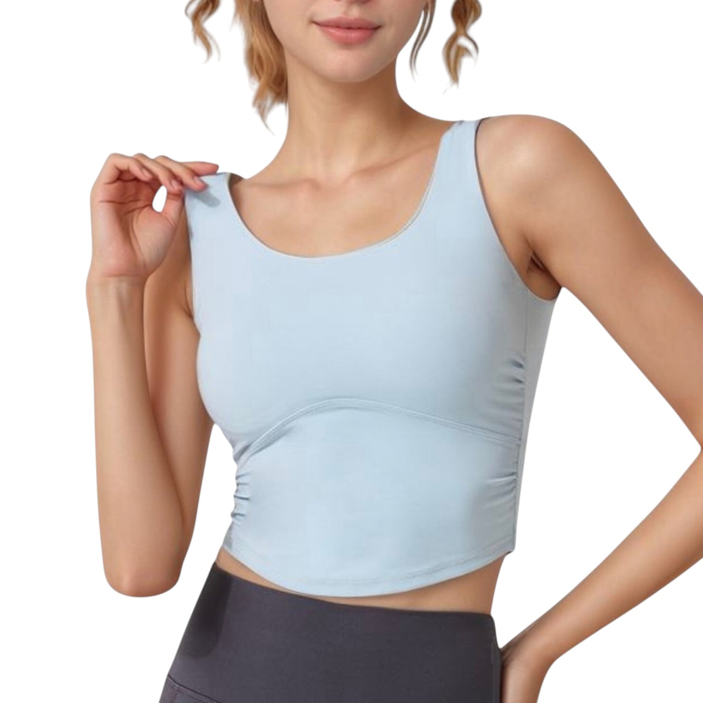 Scoop Neck Cropped Tank Top with Strappy Cutout Back and Ruched Side Detailing