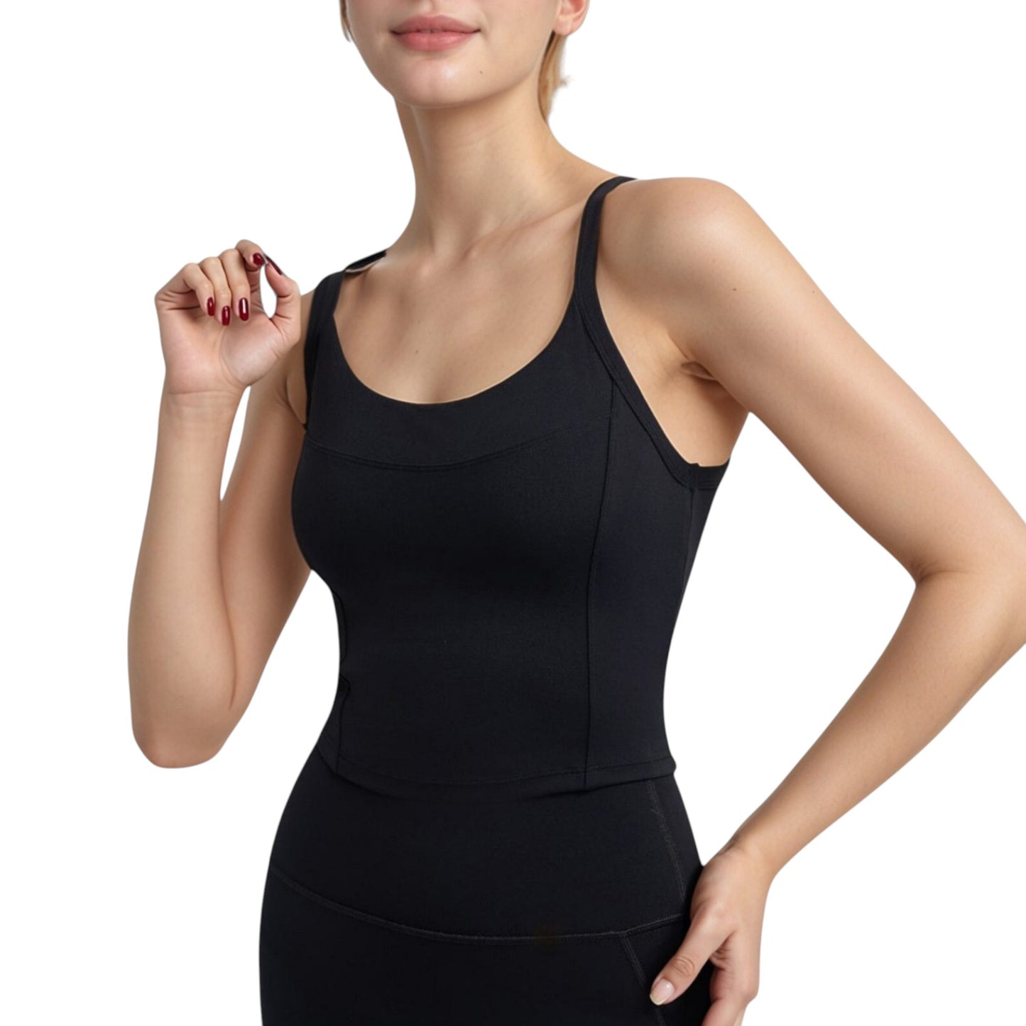Strappy Back Longline Activewear Tank Top with Scoop Neckline and Built-In Bra Support
