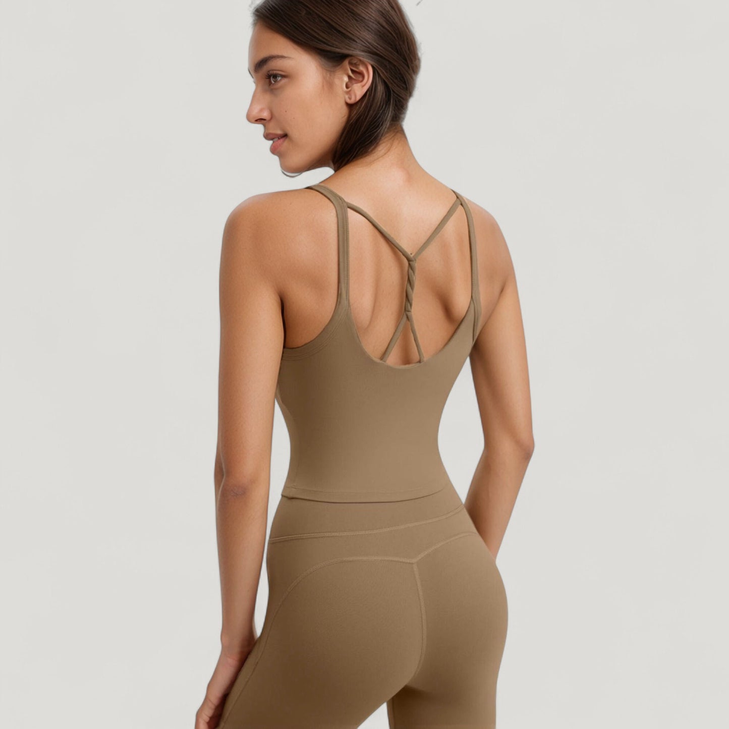 Strappy Back Longline Activewear Tank Top with Scoop Neckline and Built-In Bra Support
