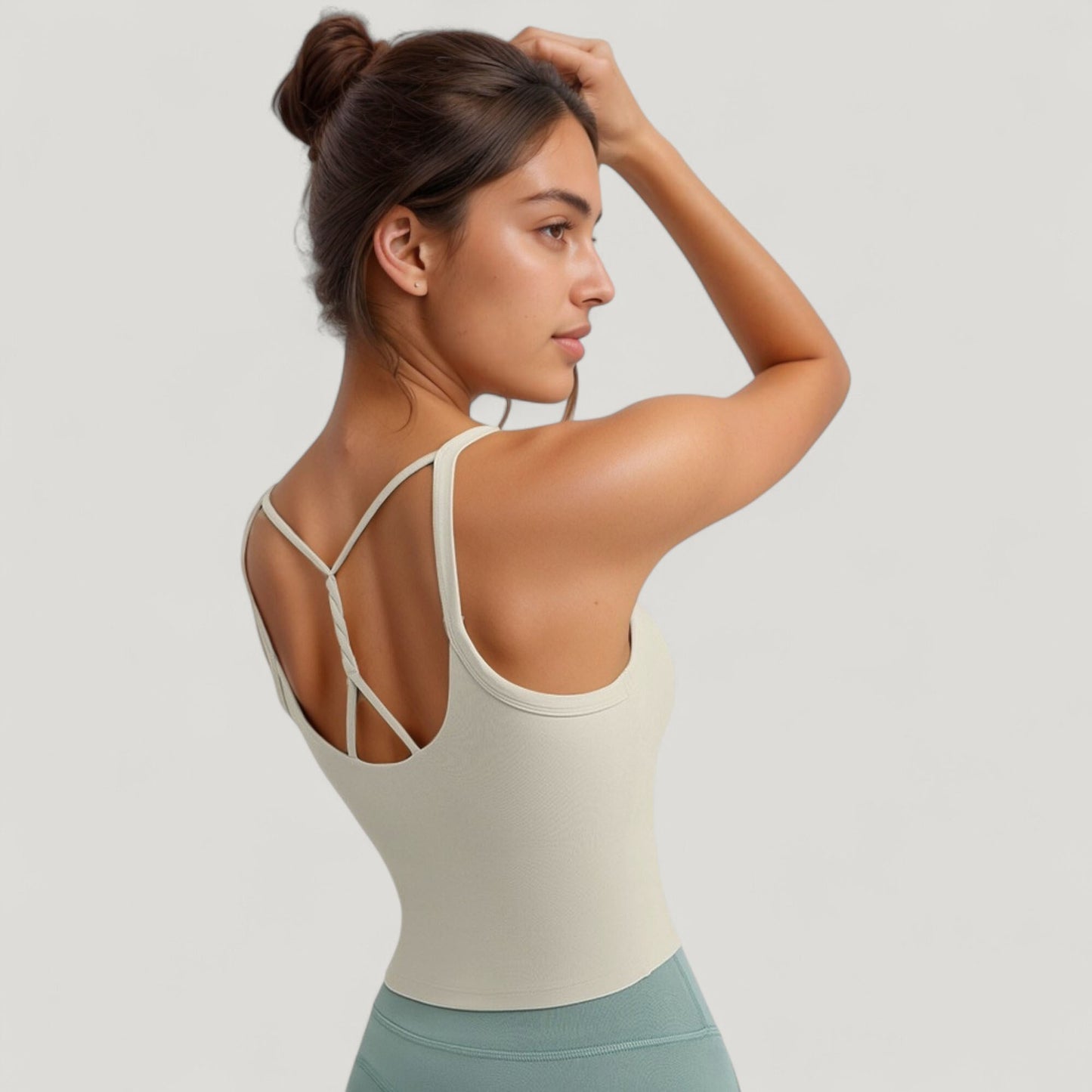 Strappy Back Longline Activewear Tank Top with Scoop Neckline and Built-In Bra Support
